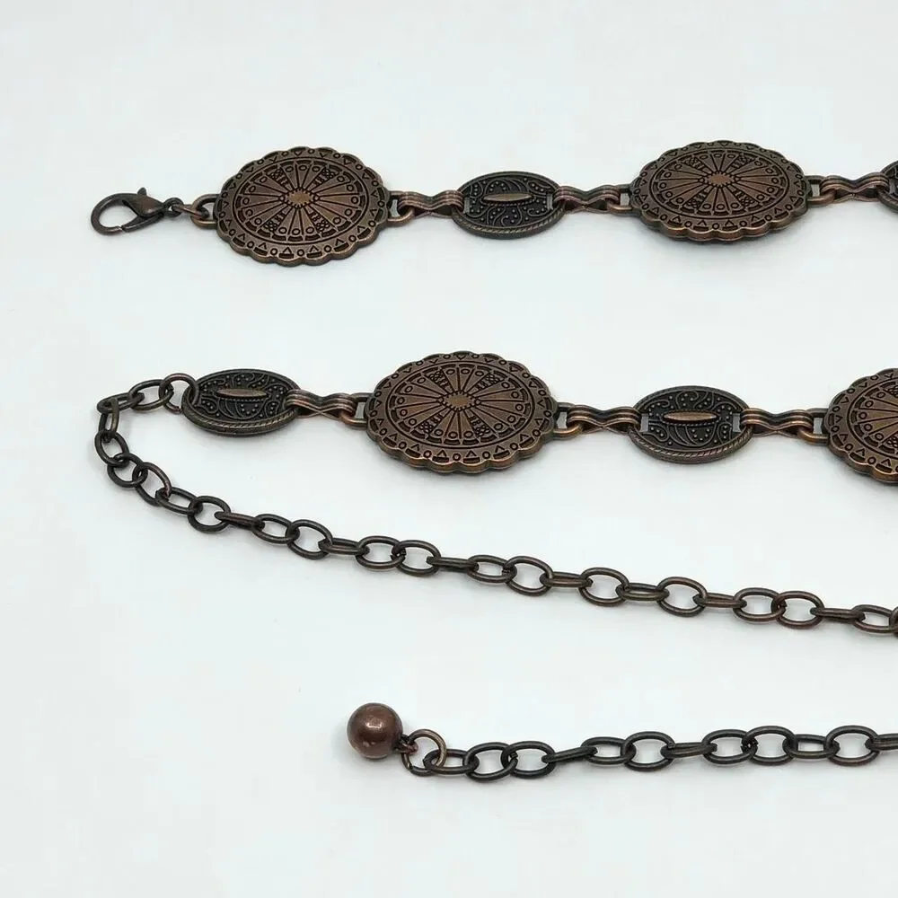 Y2K Boho Antique Bronze Medallion Chain Belt, Fits 22–37.5 Inches, X7GA1174